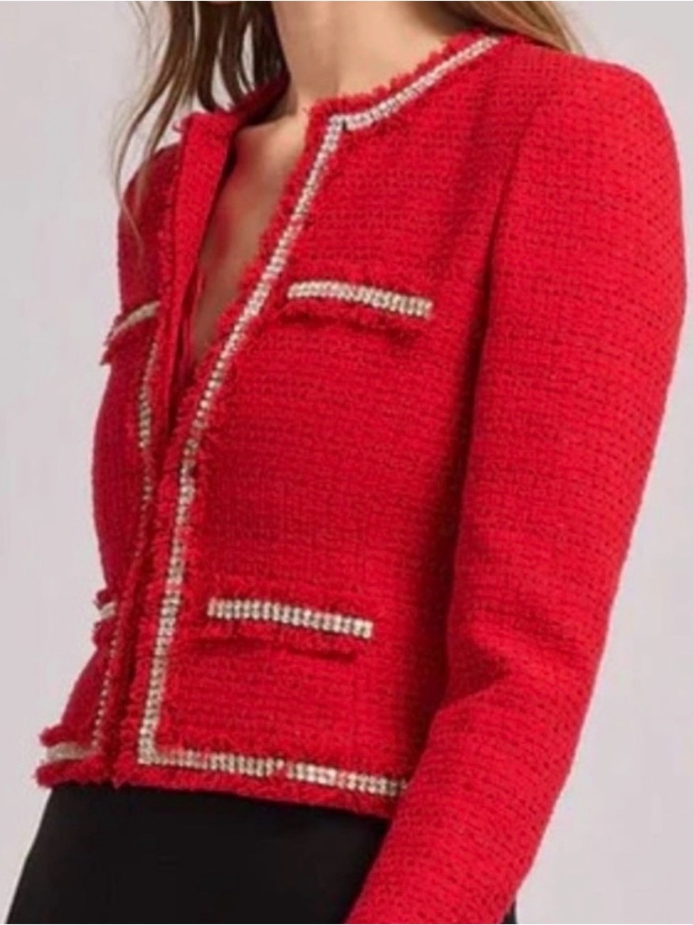 Generation Love Red Tweed Boxy Jacket with Rhinestone Trim - Picture 2 of 5